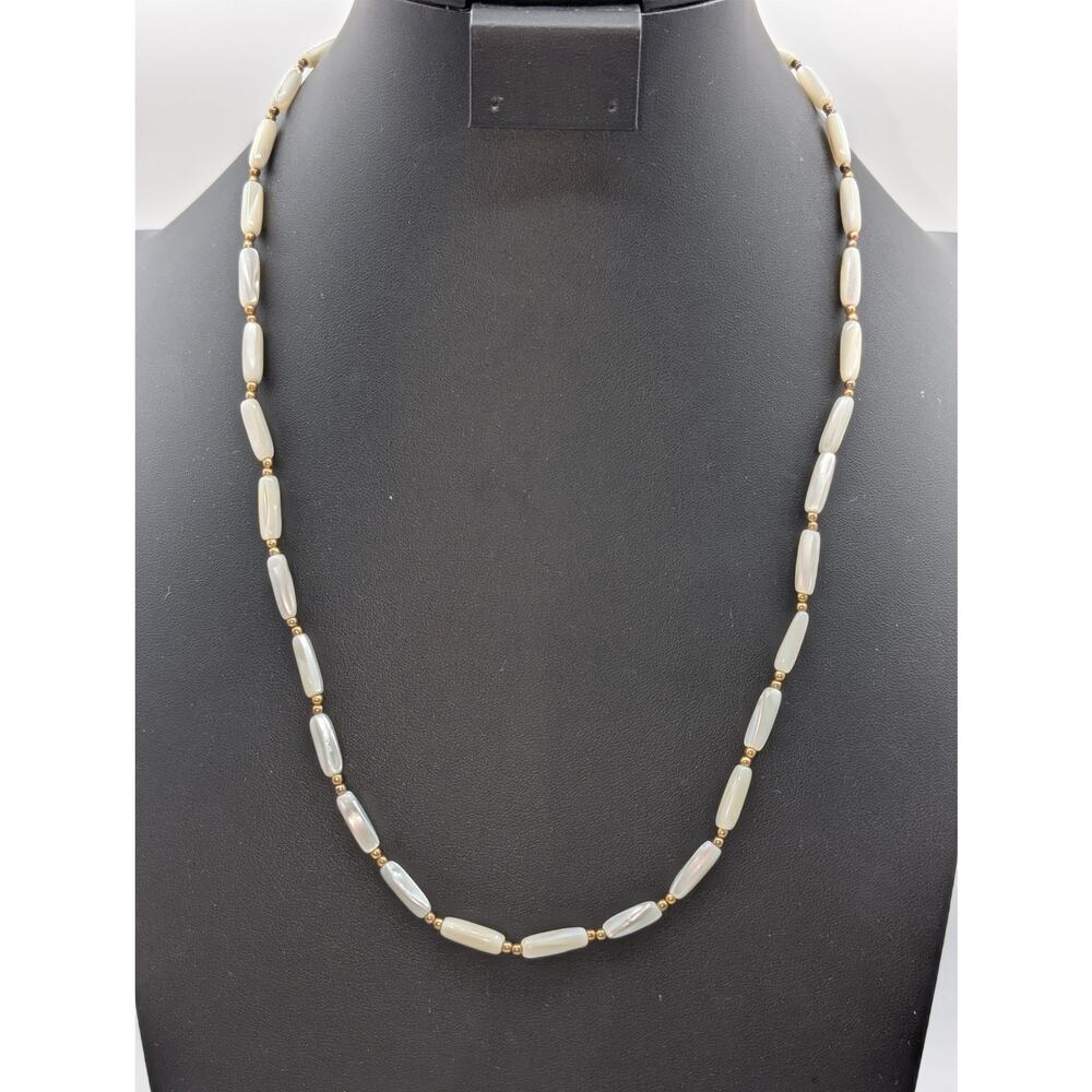 Vintage Elongated MOP & Gold Tone Bead 25" Necklace W/ Hook Slide in Clasp